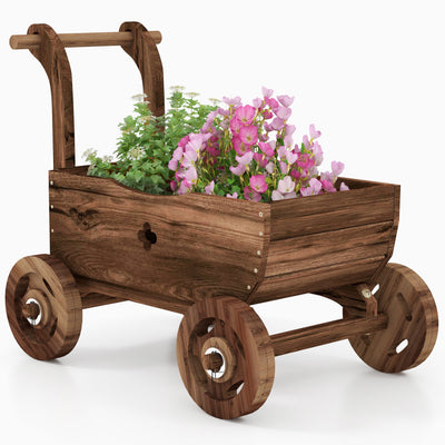 Decorative Wooden Wagon Cart with Handle Wheels and Drainage Hole