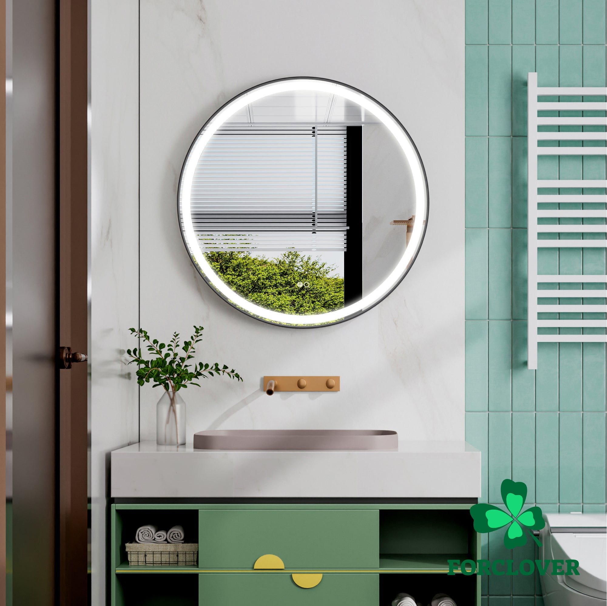 32 in. W x 32 in. H Black Framed Round LED Light Bathroom Vanity Mirror ...