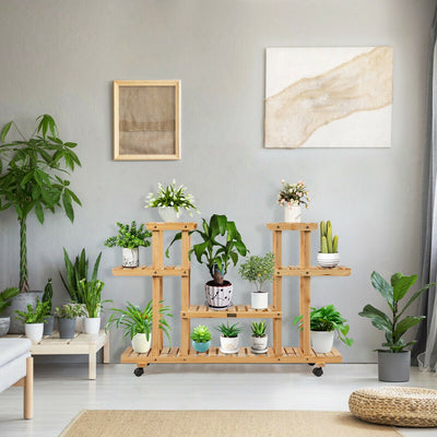 4-Tier Wood Casters Rolling Shelf Plant Stand-Natural