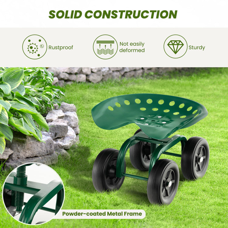 Garden Rolling Workseat with 360°Swivel Seat and Adjustable Height