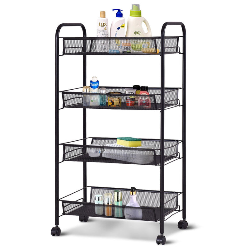 4-Tier Swivel Storage Rack Kitchen Trolley Cart with Mesh Baskets