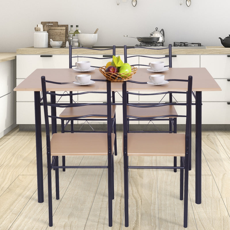 5 Pcs Wood Metal Dining Table Set with 4 Chairs