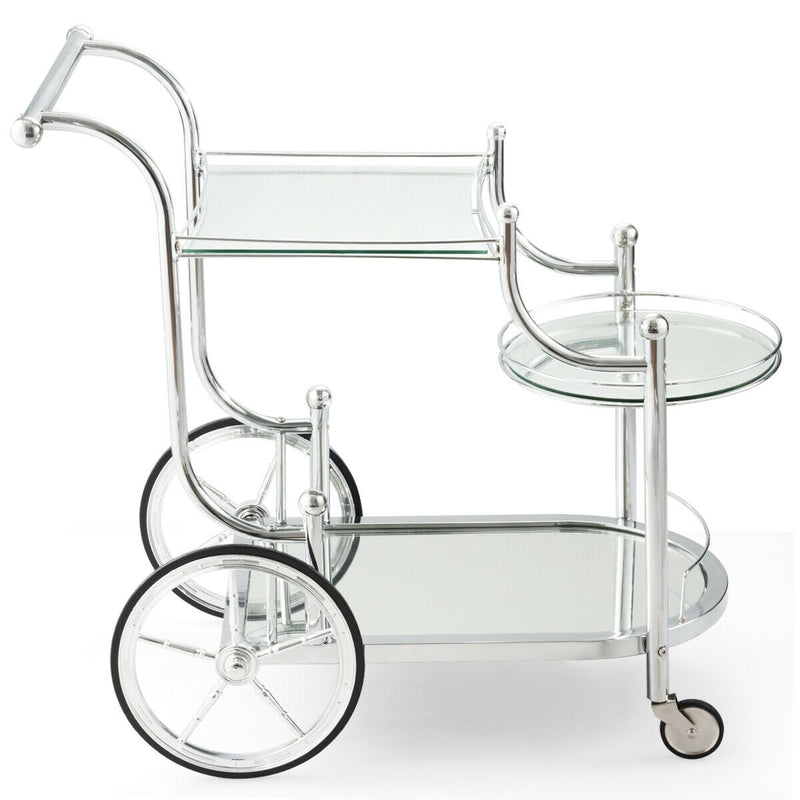Metal Framed Rolling Serving Cart with Glass Shelves