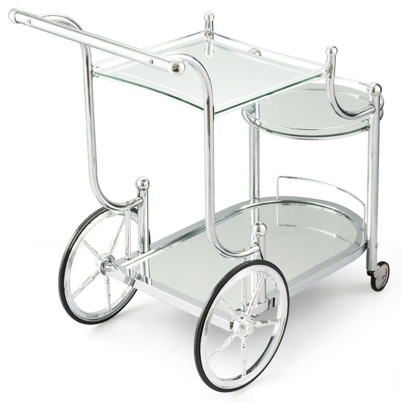Metal Framed Rolling Serving Cart with Glass Shelves