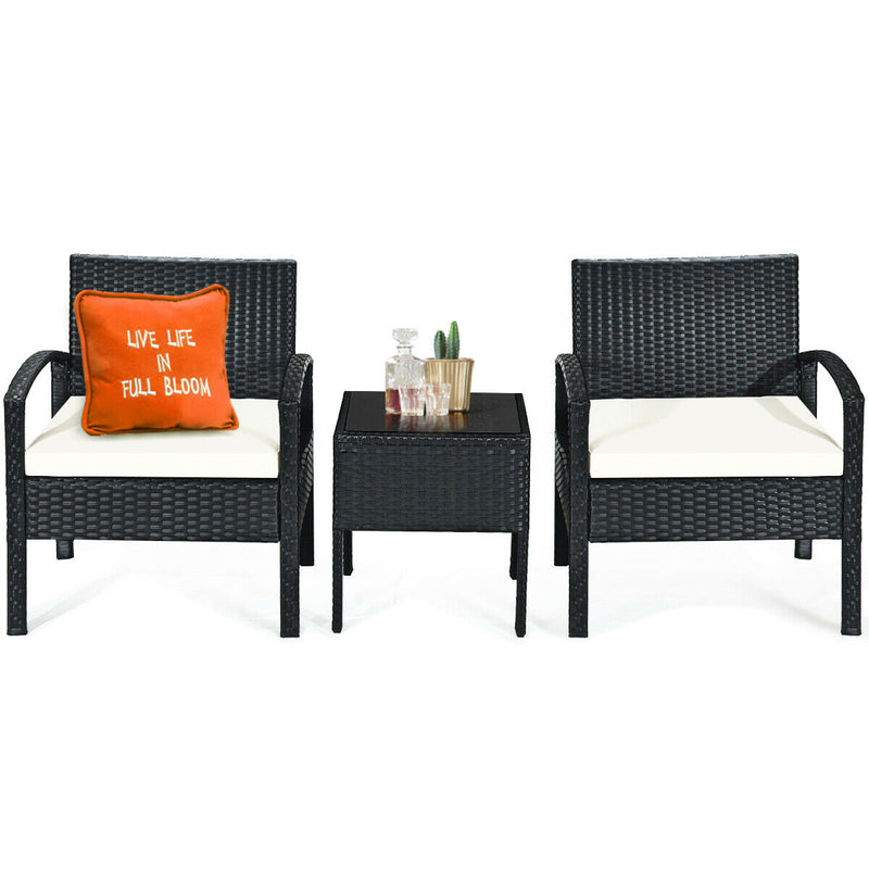 3 Pieces Black Outdoor Rattan Bistro Set with Glass Table and Cushions