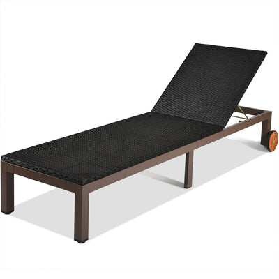 Adjustable 5-Position Rattan Lounge Chair with Removable Wheels and Cushion