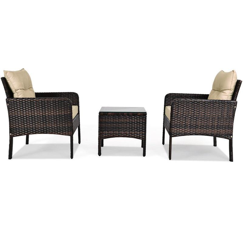 3 Pcs Outdoor Brown Patio Rattan Bistro Set with Back and Seat Cushions