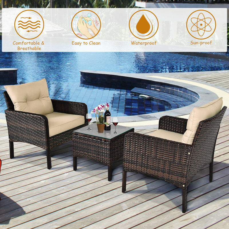 3 Pcs Outdoor Brown Patio Rattan Bistro Set with Back and Seat Cushions