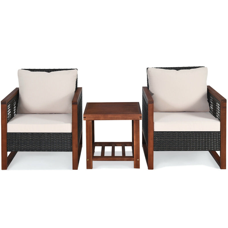 3 Pcs Patio Wicker Furniture Sofa Set with Wooden Frame and Cushion