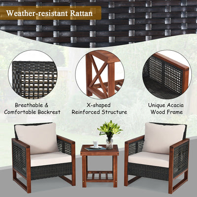 3 Pcs Patio Wicker Furniture Sofa Set with Wooden Frame and Cushion