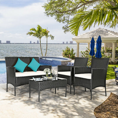 4 Pcs Patio Rattan Cushioned Sofa Furniture Set with Tempered Glass Coffee Table