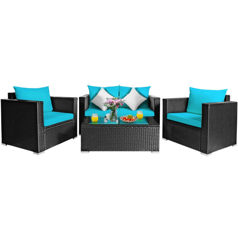 4 Pcs Patio Rattan Cushioned Furniture Set