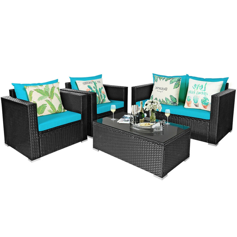 4 Pcs Patio Rattan Cushioned Furniture Set