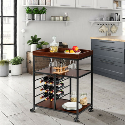 3-Tier Rolling Kitchen Serving Bar Cart with Wine Rack and Glass Holder