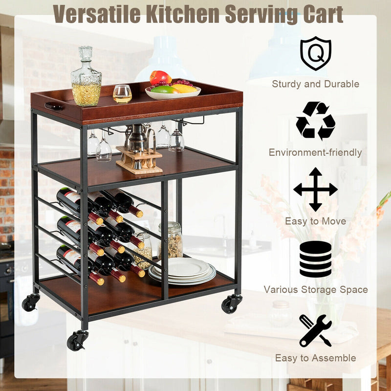 3-Tier Rolling Kitchen Serving Bar Cart with Wine Rack and Glass Holder