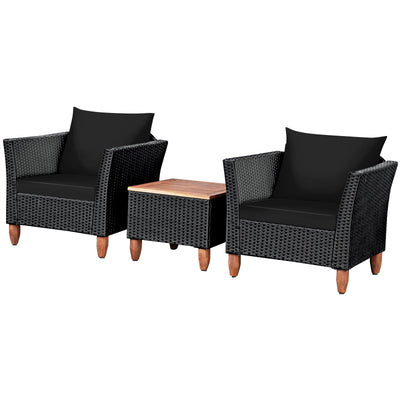 3 Pieces Outdoor Patio Wicker Furniture Set with Cushions and Acacia Wood Coffee Table