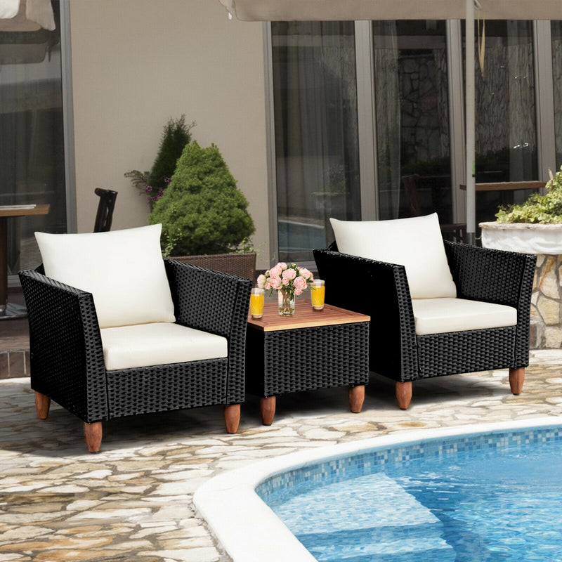 3 Pieces Outdoor Patio Wicker Furniture Set with Cushions and Acacia Wood Coffee Table