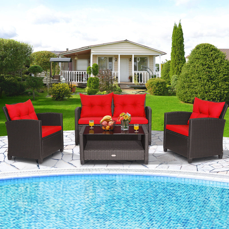 4 Pieces Patio Rattan Conversation Furniture Set with Glass Top Coffee Table