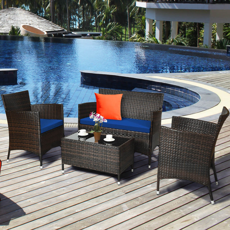 4 Pieces Comfortable Outdoor Rattan Sofa Set with Glass Coffee Table
