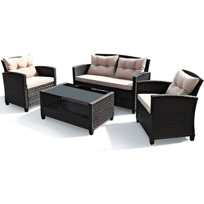 4 Pieces Patio Rattan Conversation Furniture Set with Glass Top Coffee Table