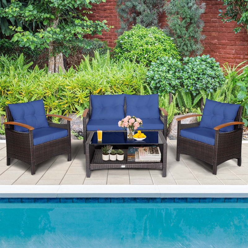 4 Pieces Patio Rattan Furniture Set with Cushioned Sofa and Storage Table