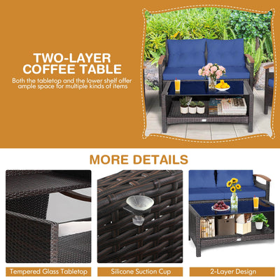4 Pieces Patio Rattan Furniture Set with Cushioned Sofa and Storage Table