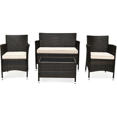 4 Pieces Outdoor Rattan Sofa Set with Glass Table and Comfortable Wicker