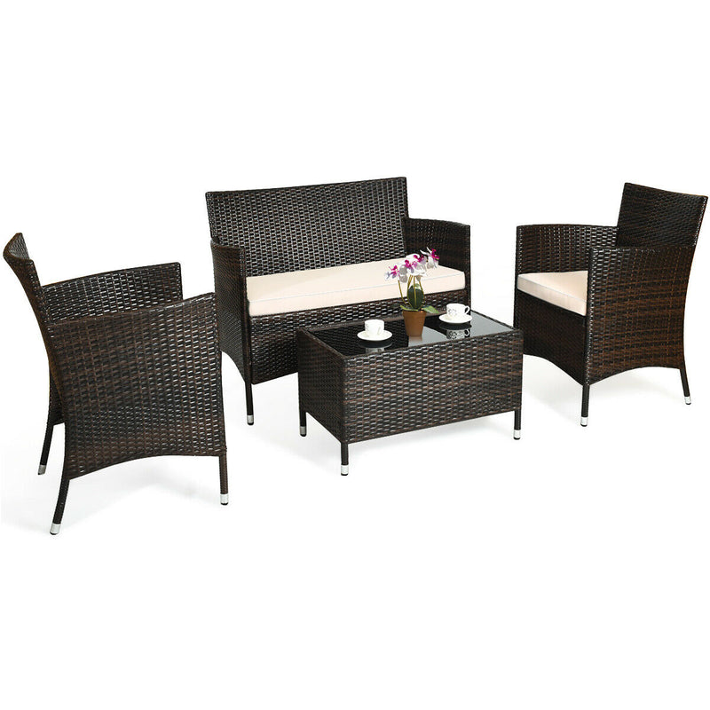 4 Pieces Outdoor Rattan Sofa Set with Glass Table and Comfortable Wicker