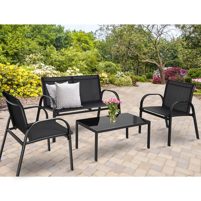 4 Pcs Patio Furniture Set with Glass Top Coffee Table