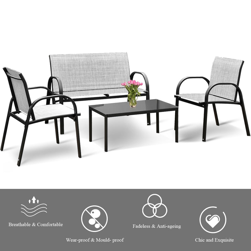 4 Pcs Patio Furniture Set with Glass Top Coffee Table
