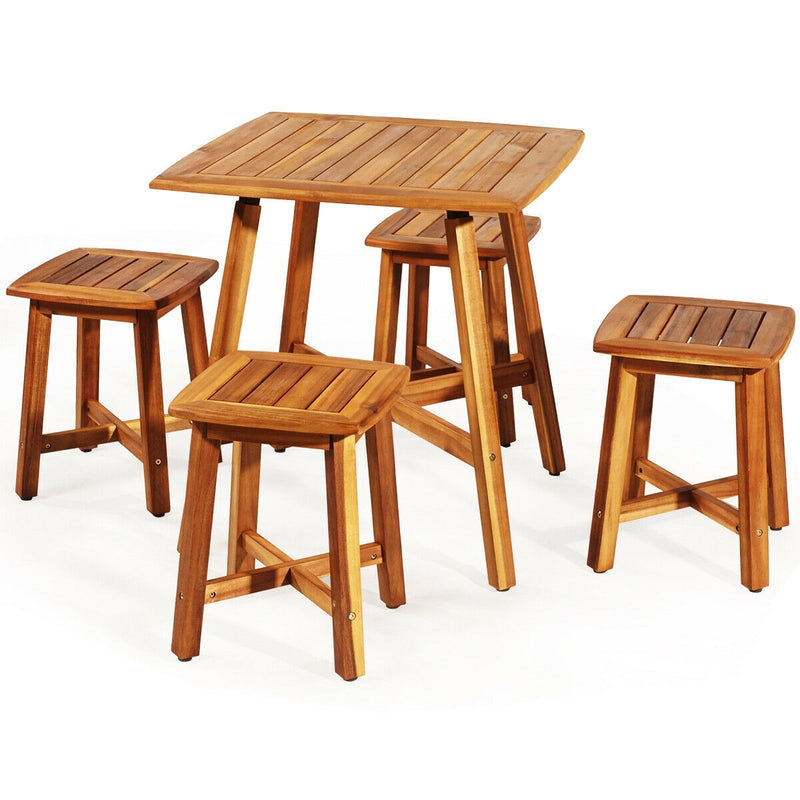 5 Pieces Wood Patio Dining Set with Square Table and 4 Stools