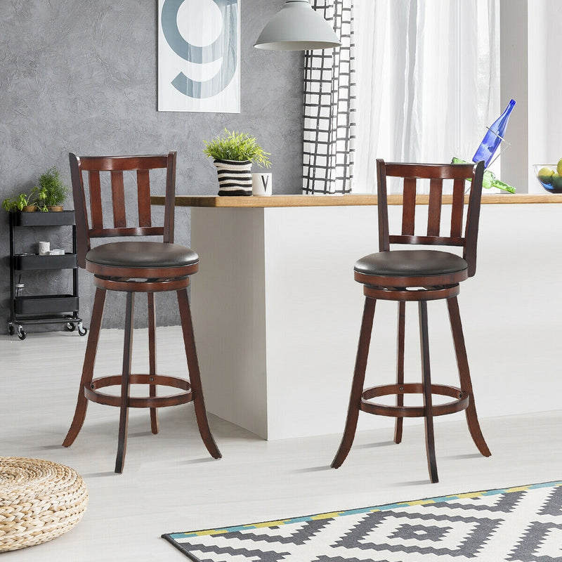 Set of 2 Wood Swivel Counter Height Dining Pub Bar Stools with PVC Cushioned Seat
