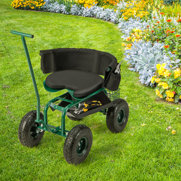 Rolling Garden Cart with Height Adjustable Swivel Seat and Storage Basket