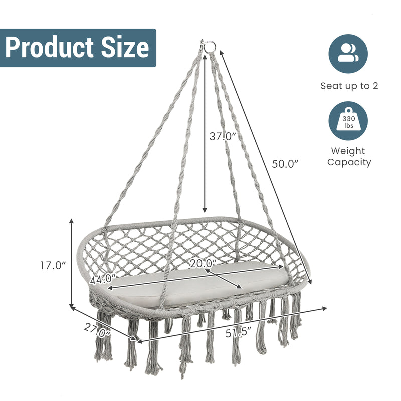2 Person Hanging Hammock Chair with Cushion Macrame Swing