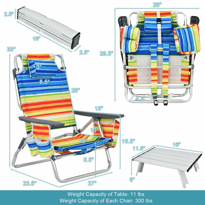 2 Packs 5-Position Outdoor Folding Backpack Beach Table Chair Reclining Chair Set