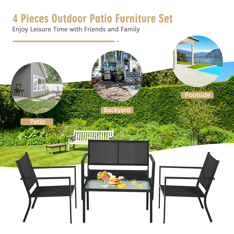 4 PCS Patio Furniture Set Sofa Coffee Table Steel Frame Garden