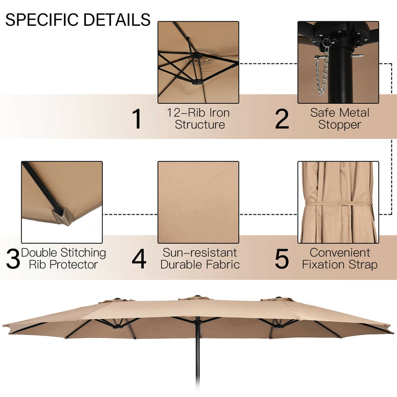 15 Feet Double-Sided Twin Patio Umbrella with Crank and Base