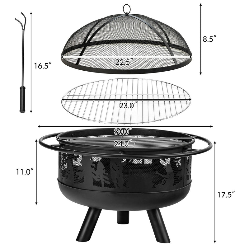 30 Inch Outdoor Wood Burning Fire Pit with Fire Poker and Cooking Grill