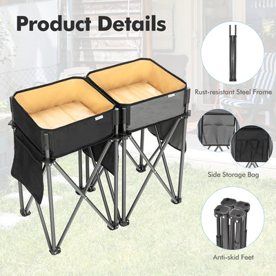 2 Pieces Black Folding Camping Tables with Large Capacity Storage Sink for Picnic