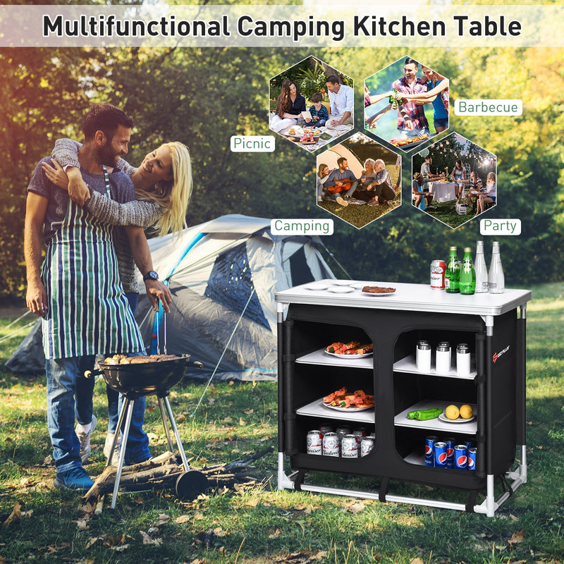 Portable Camping Kitchen Table with Storage Shelves