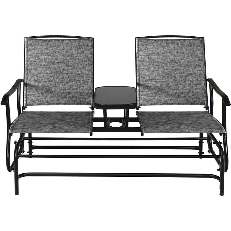 2-Person Double Rocking Loveseat with Mesh Fabric and Center Tempered Glass Table