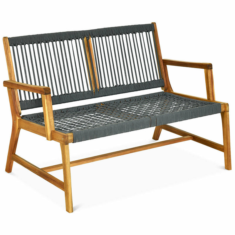 2-Person Wood Bench with Breathable Woven Seat & Back