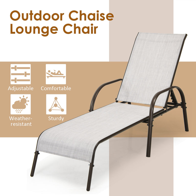 2 Pieces Outdoor Patio Lounge Chair Chaise Fabric with Adjustable Reclining Armrest
