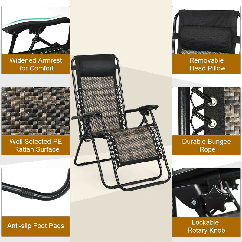 2Pcs Folding Patio Rattan Zero Gravity Lounge Chair