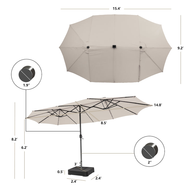 15 Feet Solar LED Patio Double-sided Umbrella with Weight Base