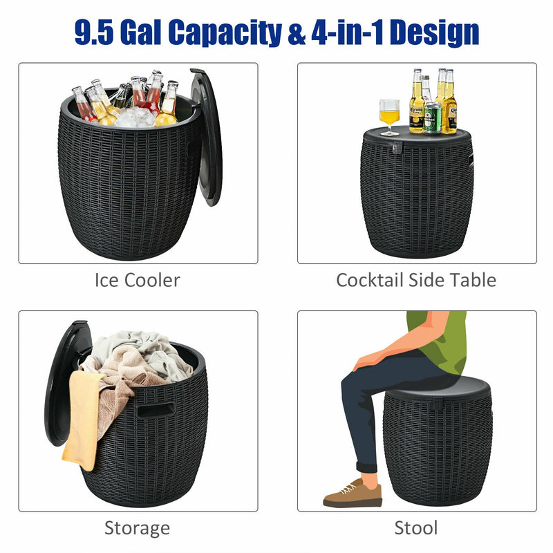 9.5 Black Gallon 4-in-1 Patio Rattan Cool Bar Cocktail Table Side Table