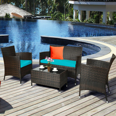 4 Pieces Patio Rattan Conversation Set with Glass Table and Cushions
