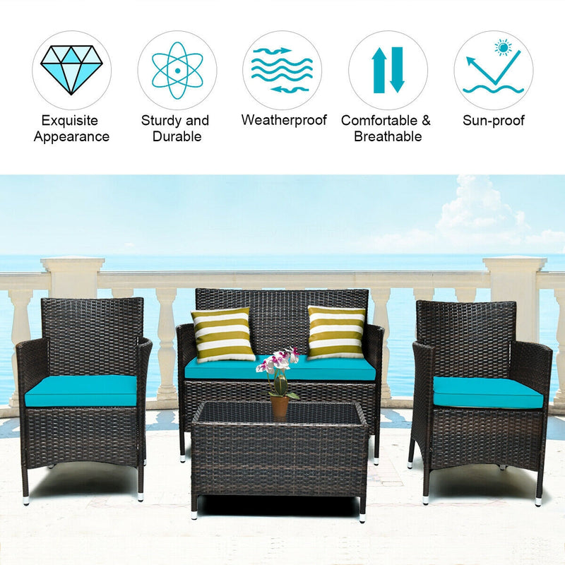 4 Pieces Patio Rattan Conversation Set with Glass Table and Cushions