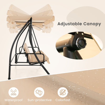 2-Seat Outdoor Convertible Swing Chair with Flat Bed and Adjustable Canopy