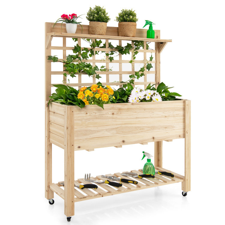 trellis planter on wheels Wooden Raised Garden Bed with Wheels Trellis and Storage Shelf – Forclover